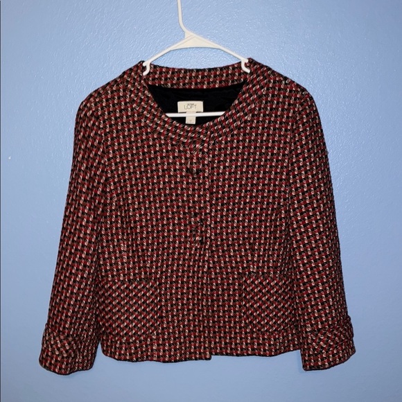LOFT Women's Red and Black Tweed Cropped Tailored Jacket - size 12 - B6 - Picture 1 of 7
